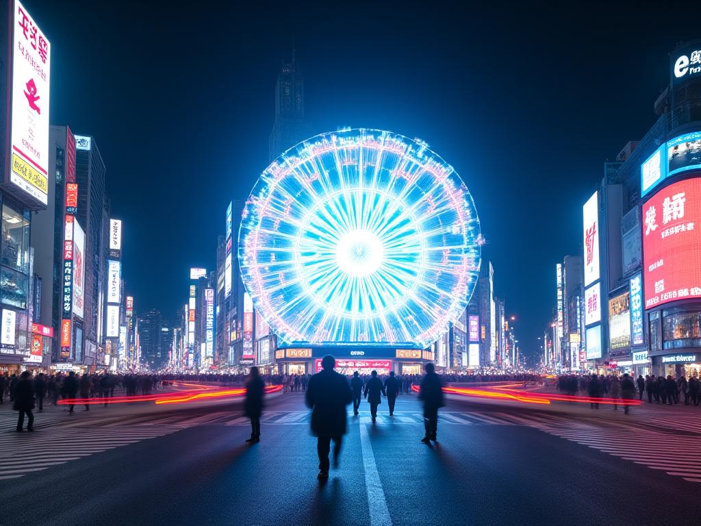 夜の渋谷の交差点に浮かび上がる抽象的な光のアート