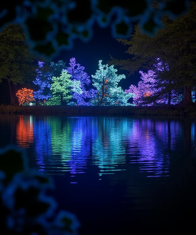 池の水面に反射するインタラクティブな光のインスタレーション